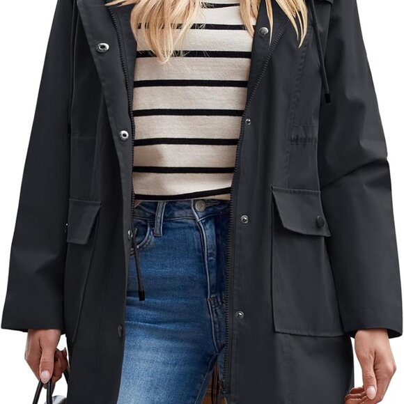 Women's Waterproof Rain Jacket Long Raincoat Hooded Windbreaker Trench Coat